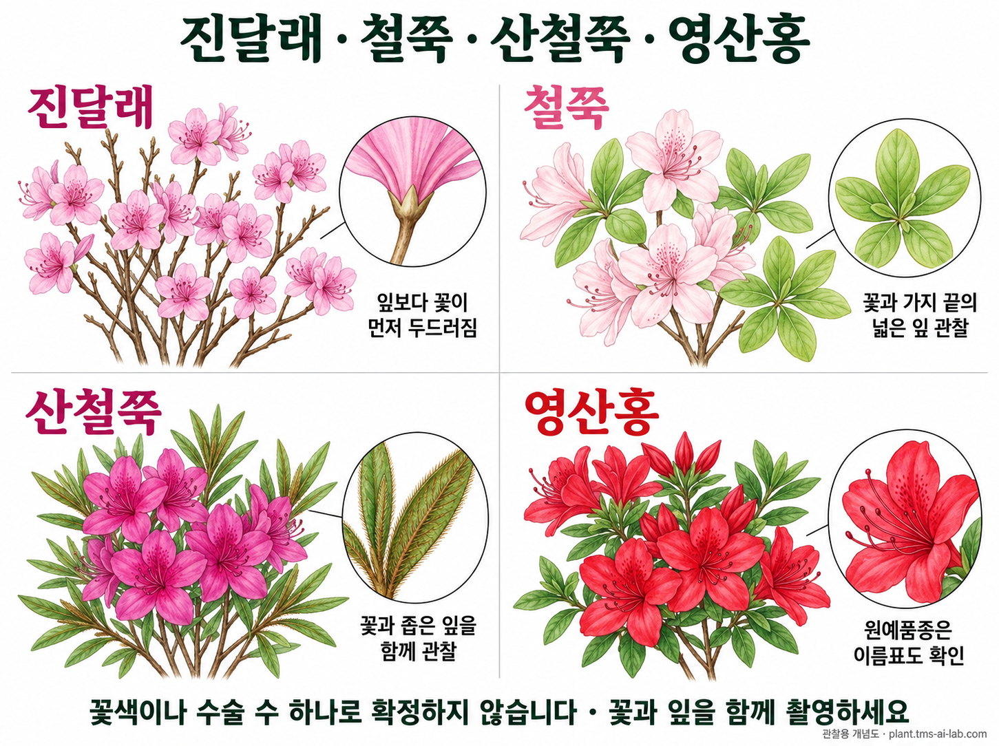 진달래 철쭉 차이: 산철쭉·영산홍까지 꽃과 잎 비교 관찰용 비교 그림