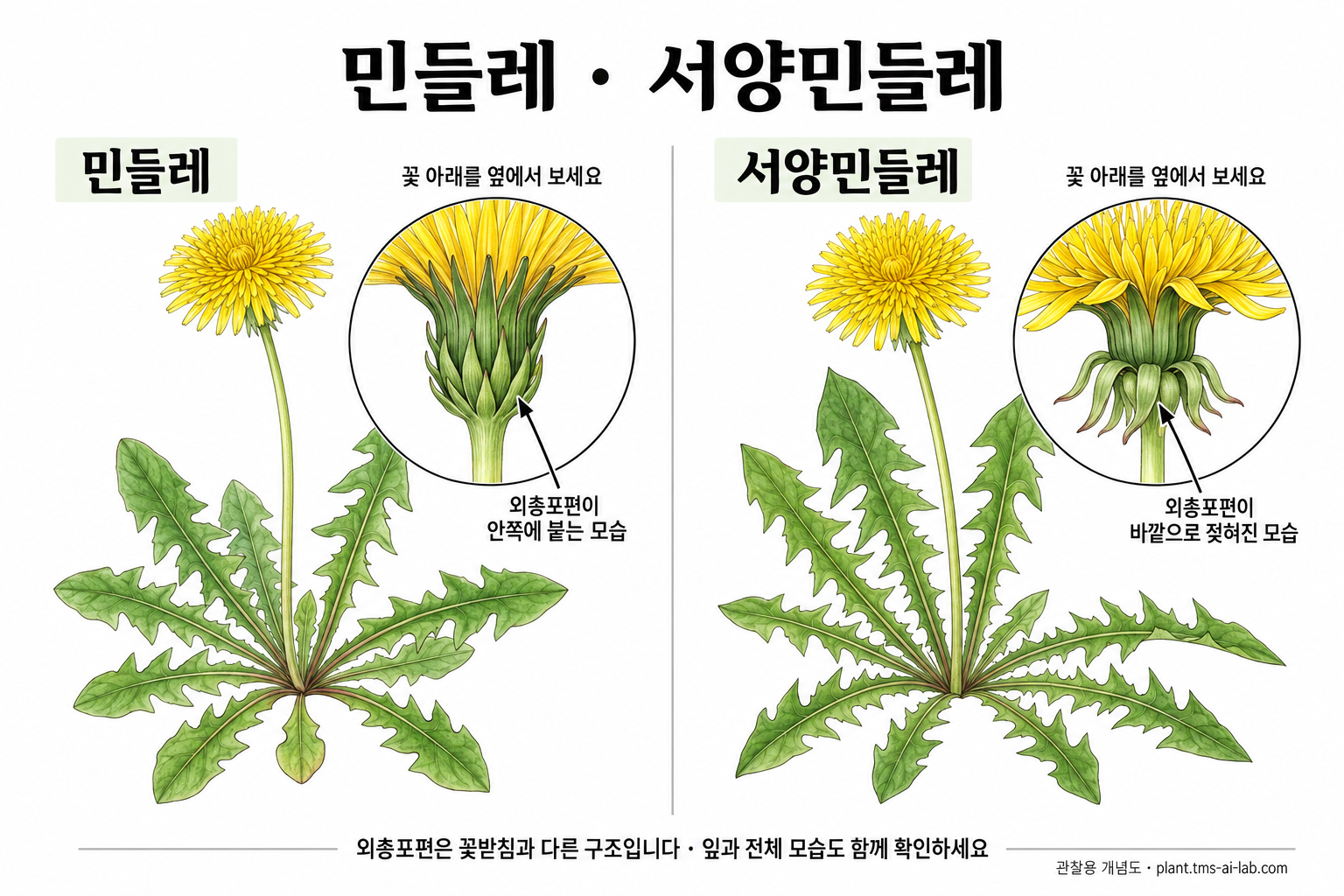 민들레 서양민들레 구별법: 꽃 아래 외총포편 비교 관찰용 비교 그림