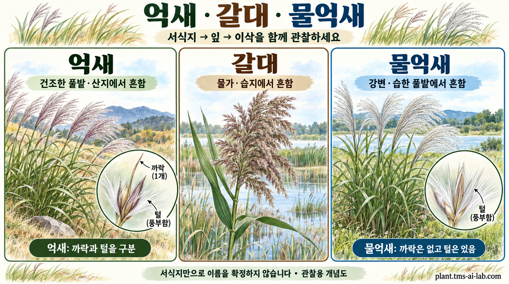 억새 갈대 차이, 물억새까지 그림과 사진으로 비교하기 관찰용 비교 그림