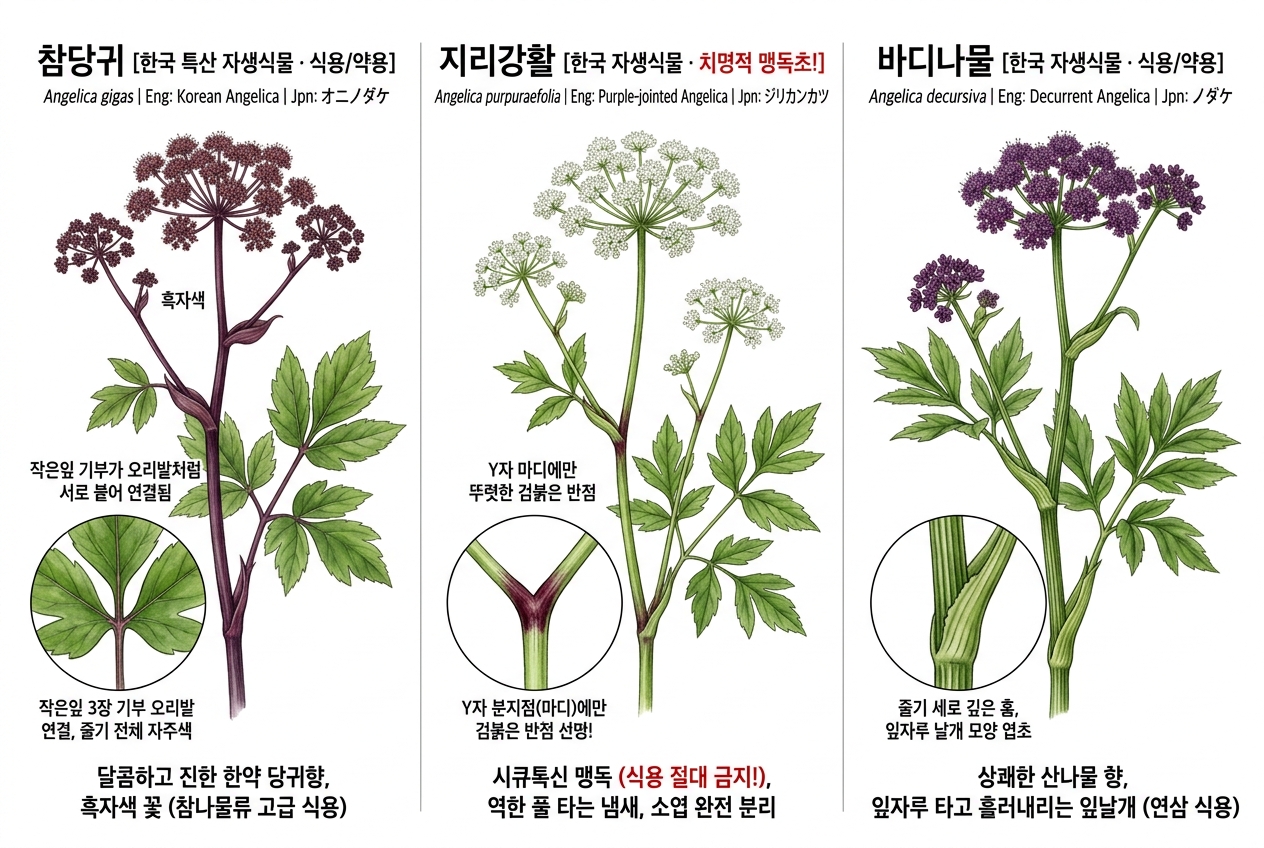 참당귀 vs 지리강활(개당귀) vs 바디나물 비교 세밀화
