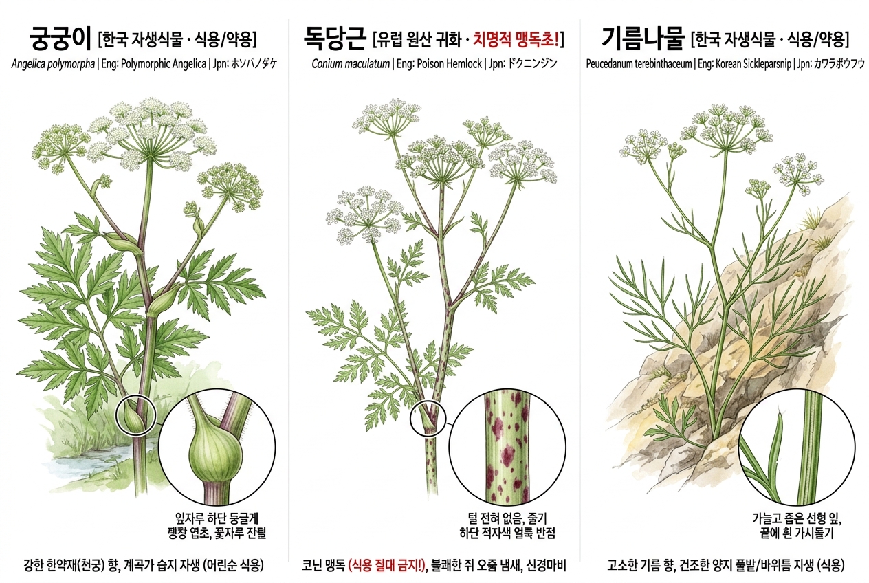 궁궁이 vs 독당근(나도독미나리) vs 기름나물 비교 세밀화
