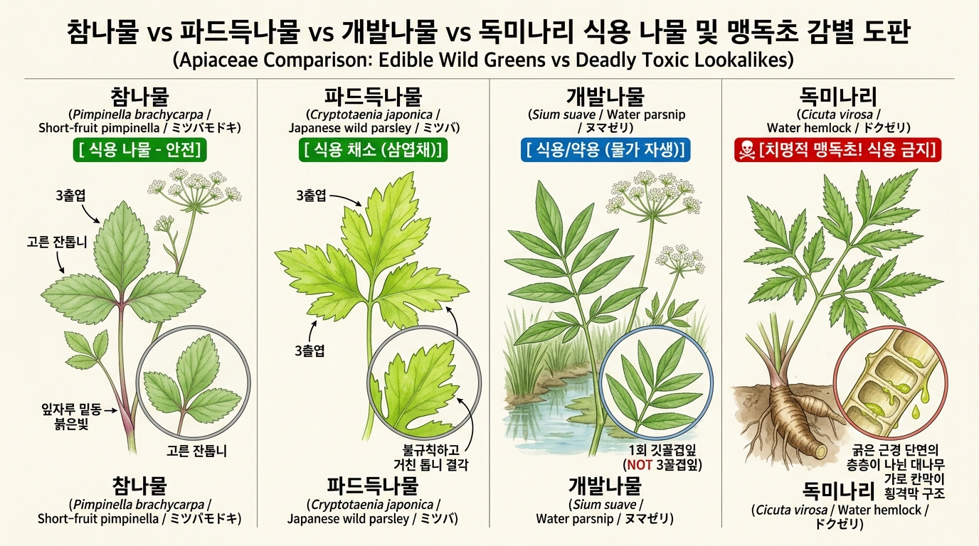 참나물 파드득나물 개발나물 독미나리 잎과 꽃차례 비교 도판