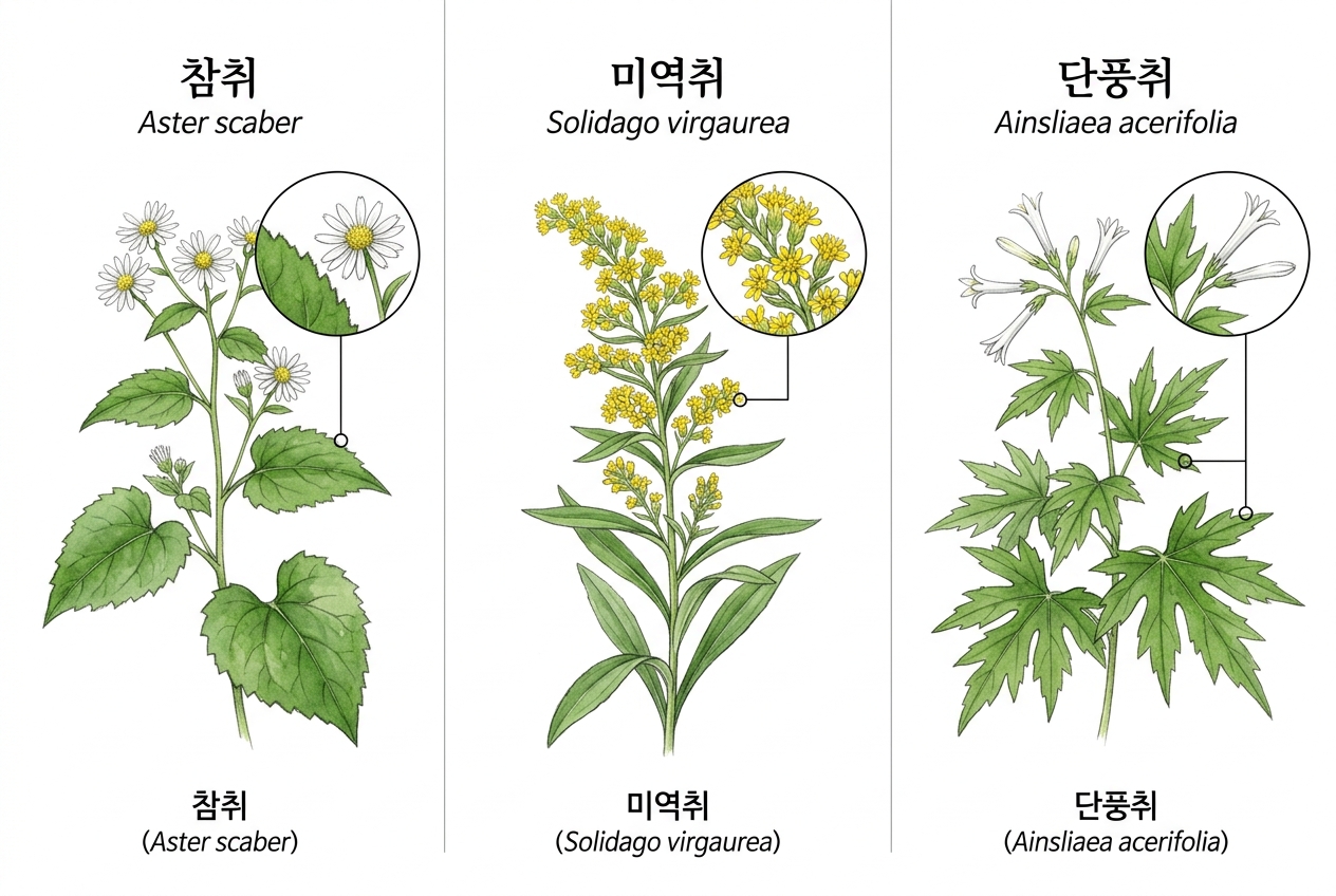 참취 vs 미역취 vs 단풍취 비교 세밀화