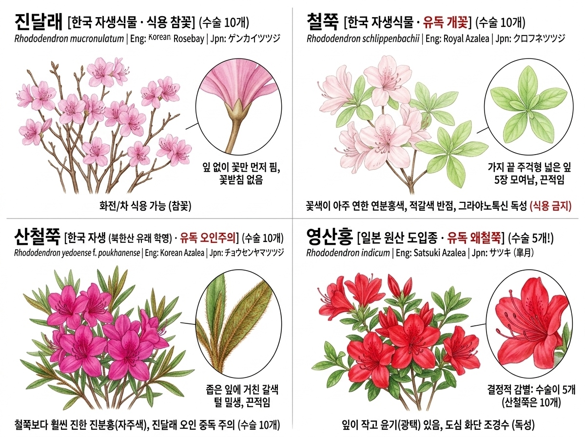 진달래 vs 철쭉 vs 산철쭉 vs 영산홍 비교 세밀화