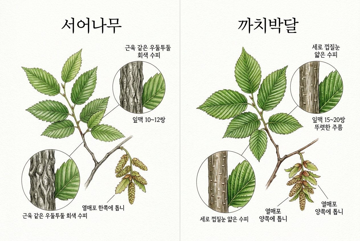 서어나무 vs 까치박달 비교 세밀화