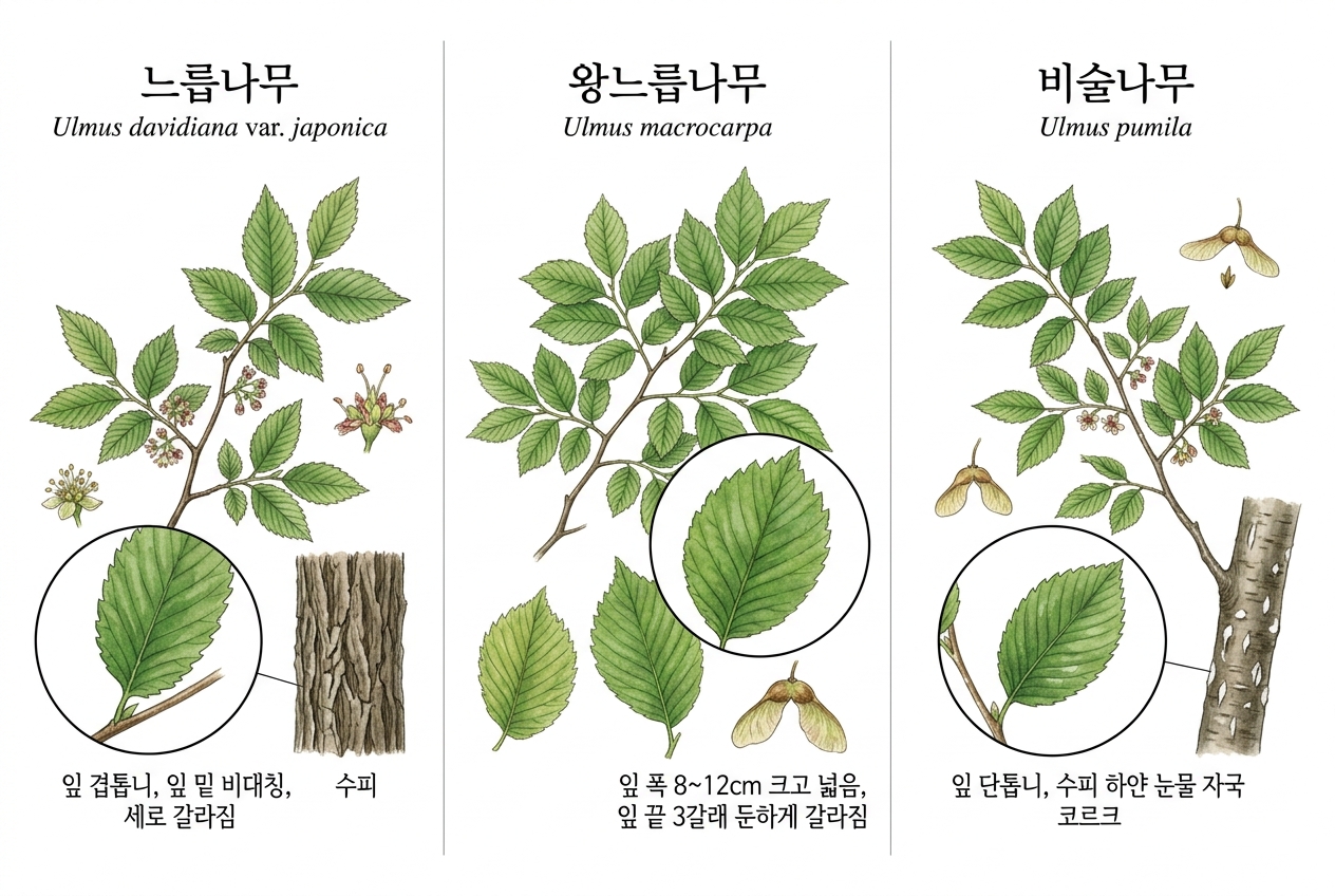 느릅나무 vs 왕느릅나무 vs 비술나무 비교 세밀화