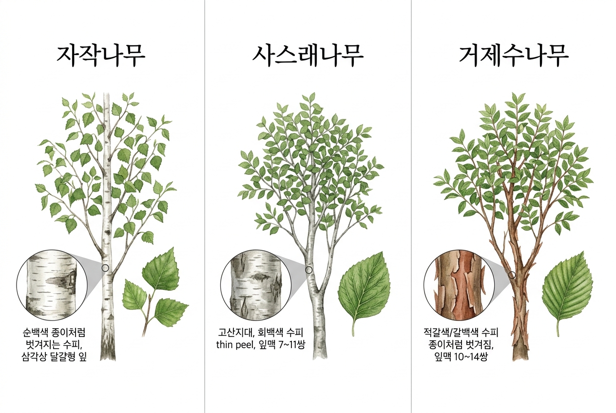 자작나무 vs 사스래나무 vs 거제수나무 비교 세밀화