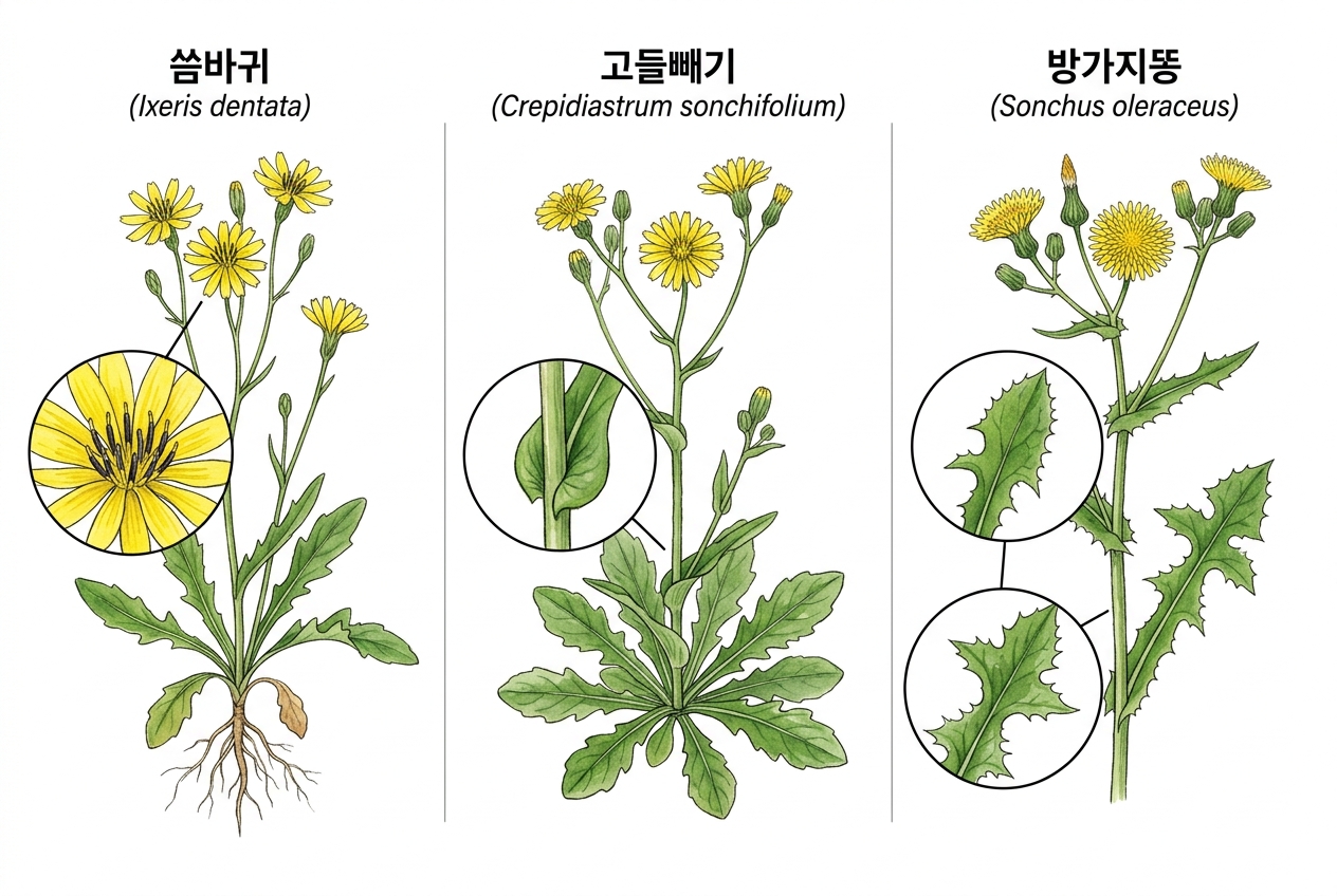 씀바귀 vs 고들빼기 vs 방가지똥 비교 세밀화