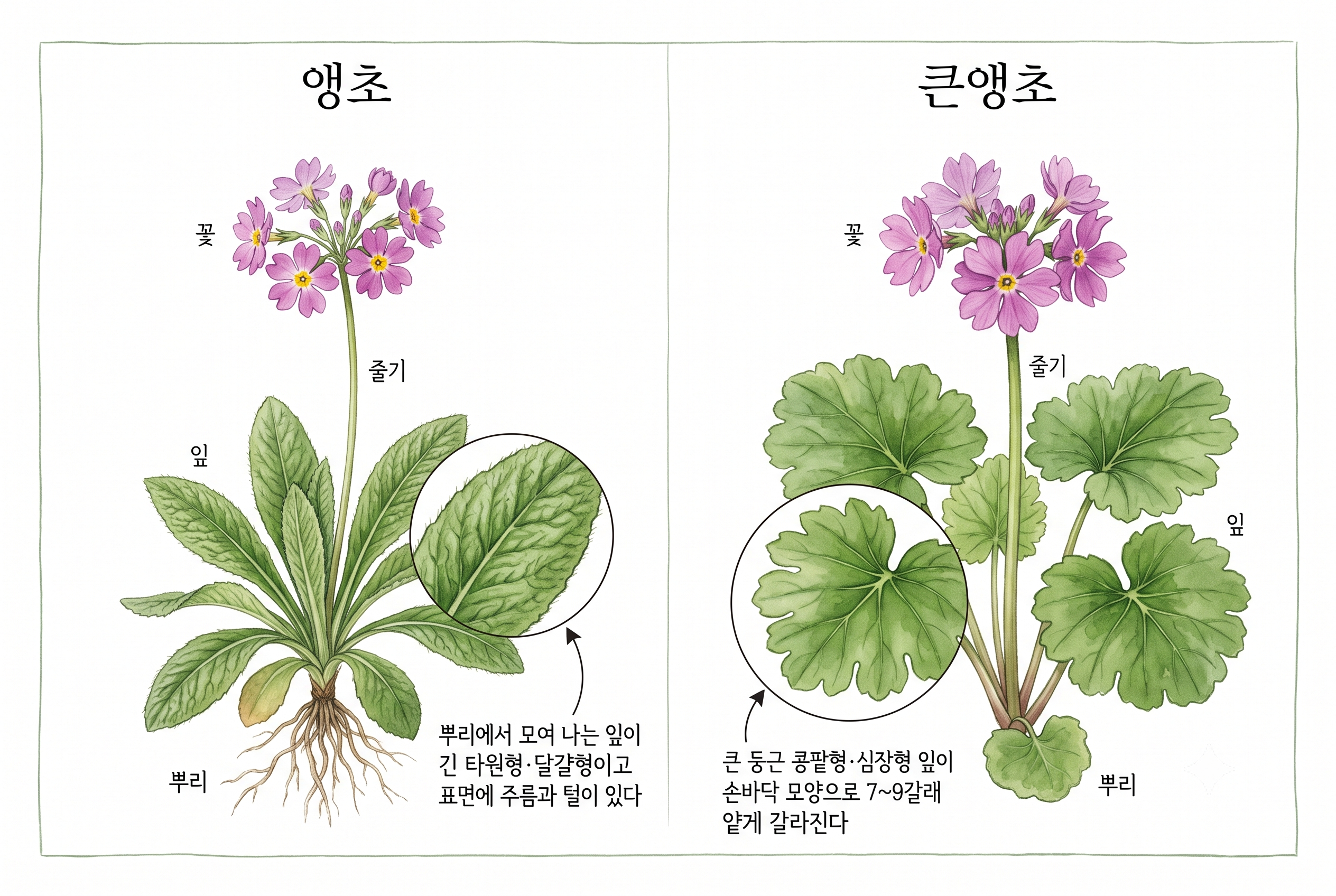 앵초 vs 큰앵초 비교 세밀화