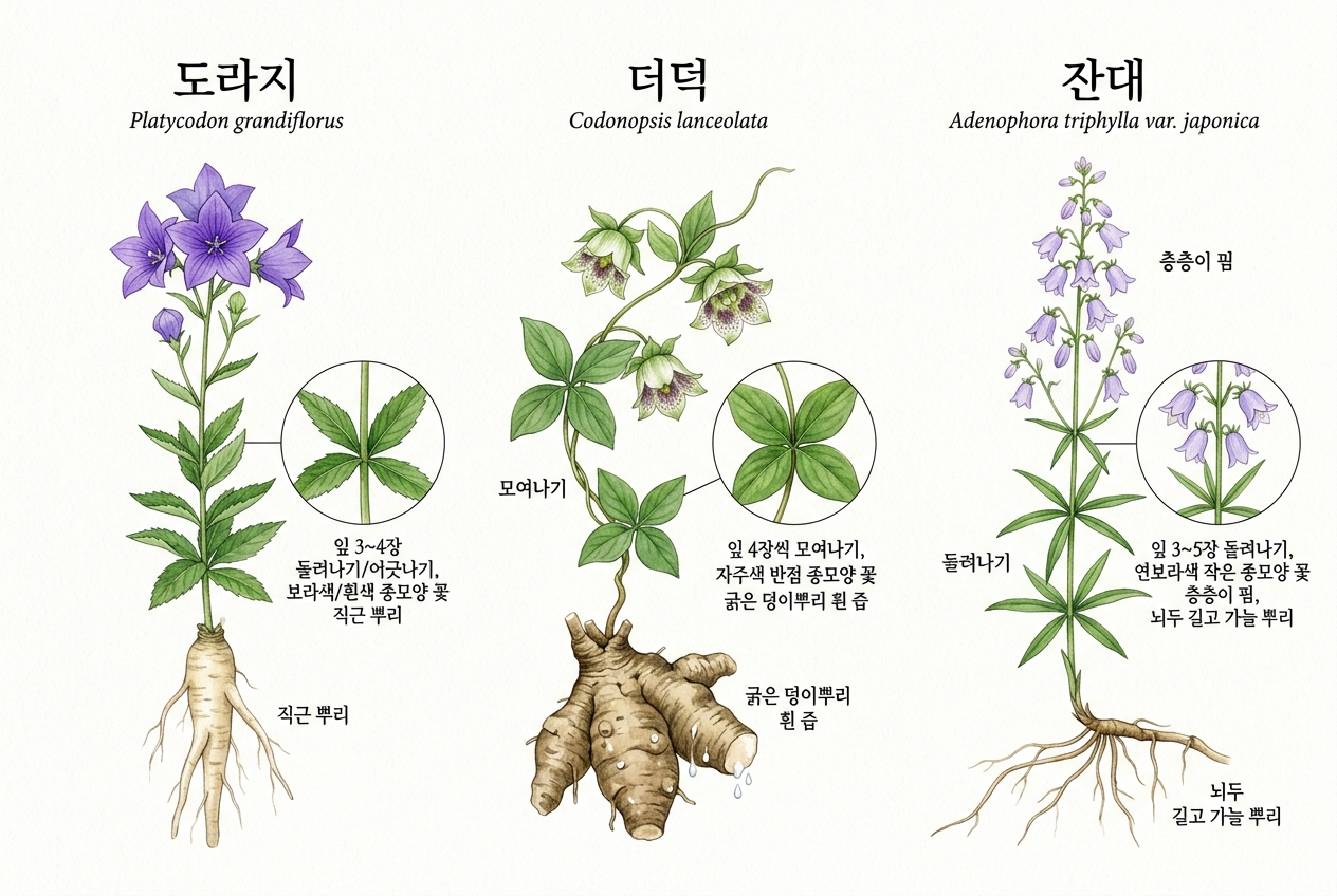 도라지 vs 더덕 vs 잔대 비교 세밀화