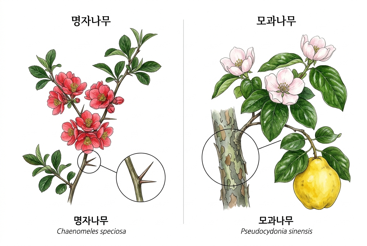 명자나무 vs 모과나무 비교 세밀화
