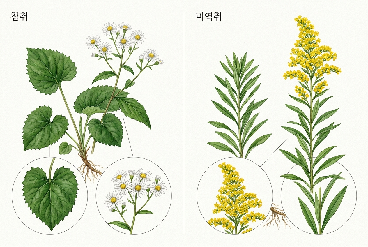 참취 vs 미역취 비교 세밀화
