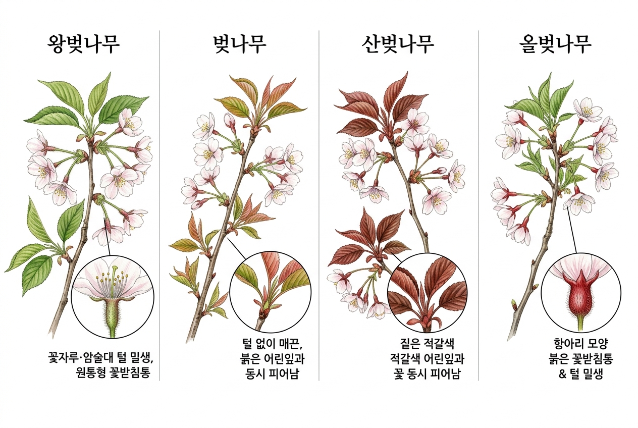 왕벚나무 vs 벚나무 vs 산벚나무 vs 올벚나무 비교 세밀화