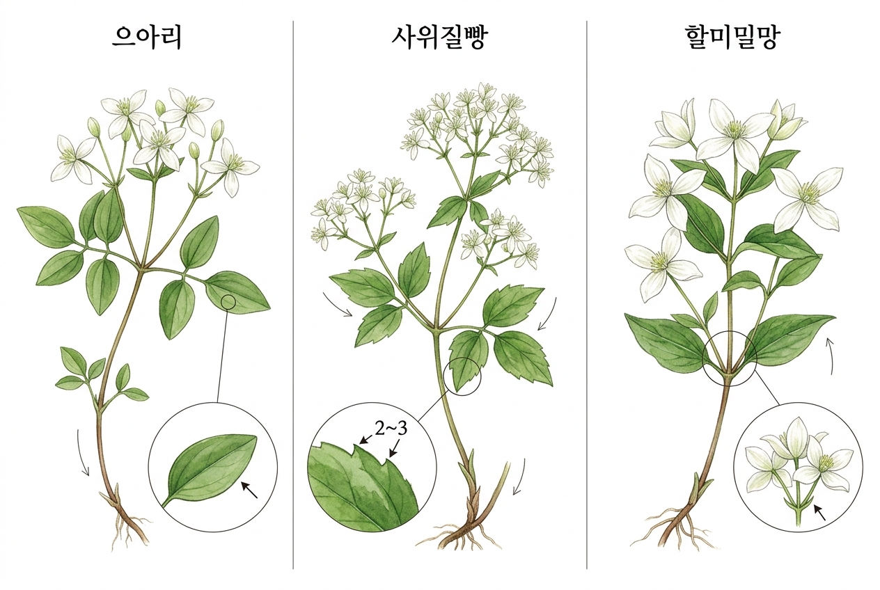 으아리 vs 사위질빵 vs 할미밀망 비교 세밀화