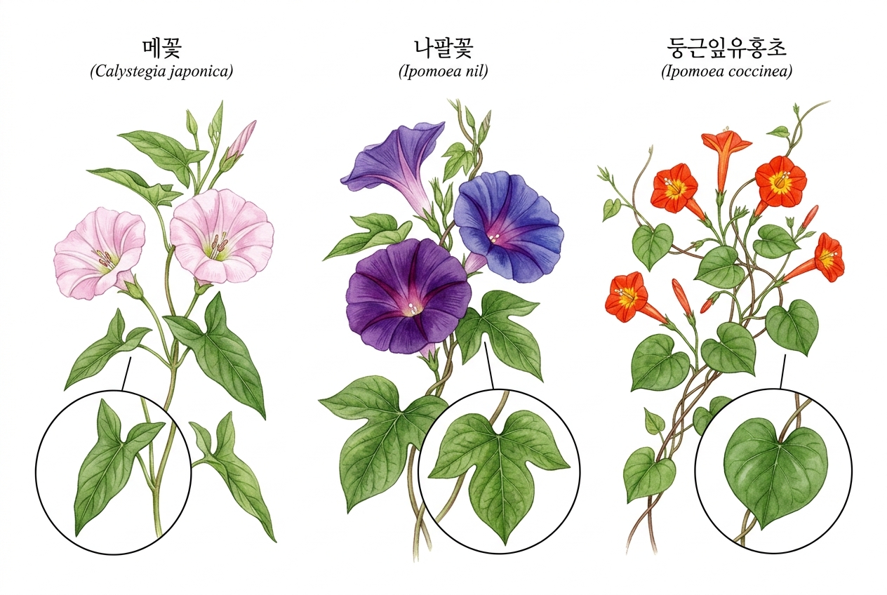 메꽃 vs 나팔꽃 vs 둥근잎유홍초 비교 세밀화