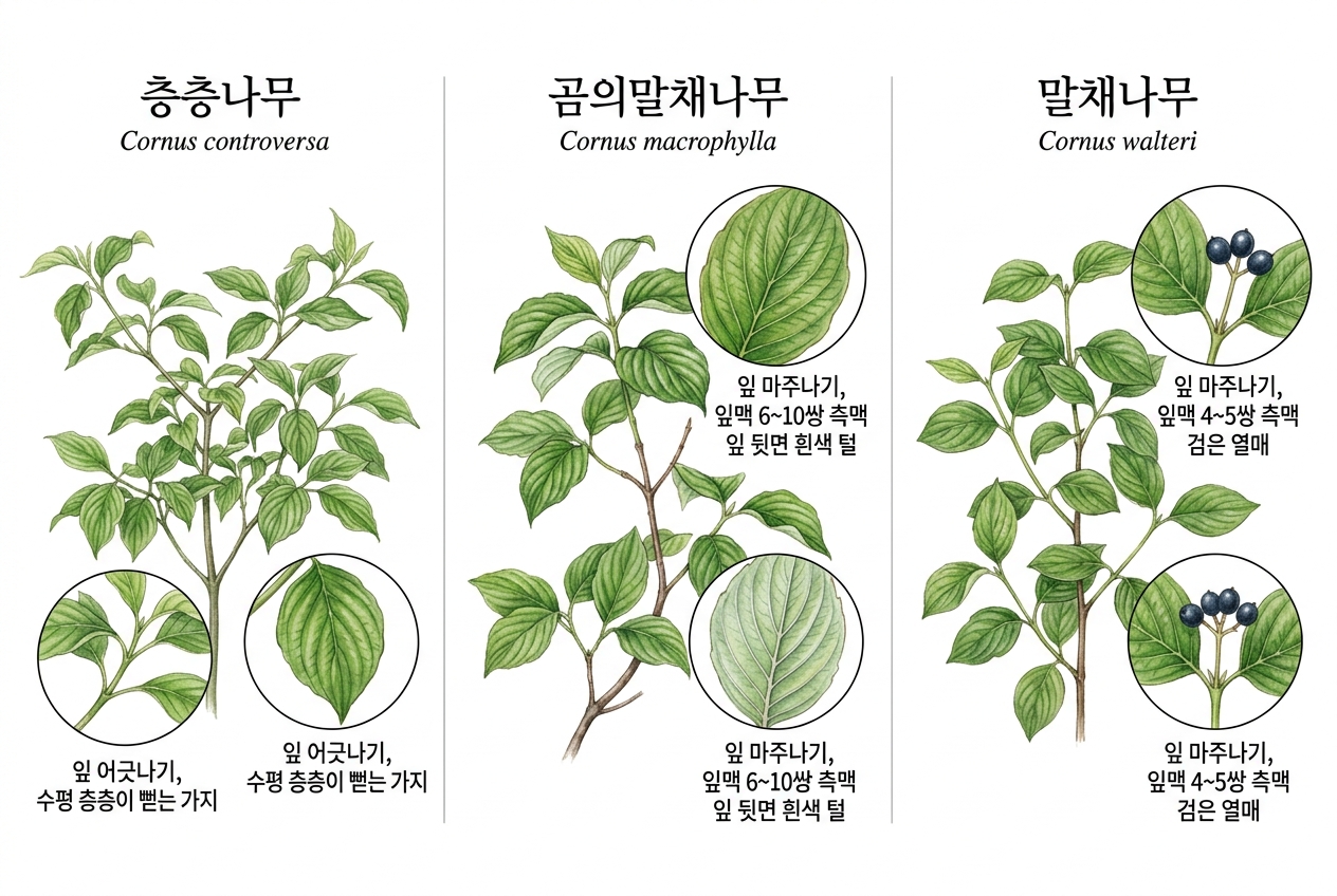 층층나무 vs 곰의말채나무 vs 말채나무 비교 세밀화
