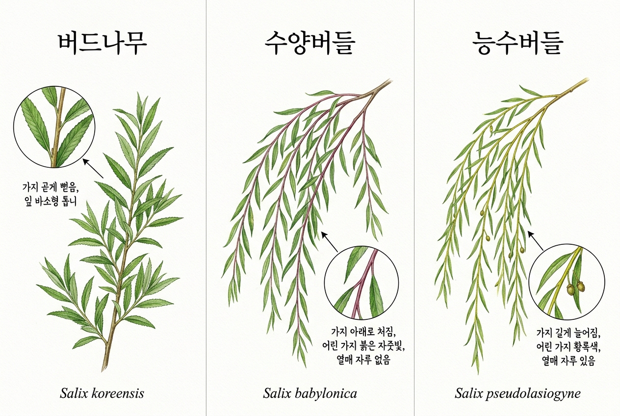 버드나무 vs 수양버들 vs 능수버들 비교 세밀화