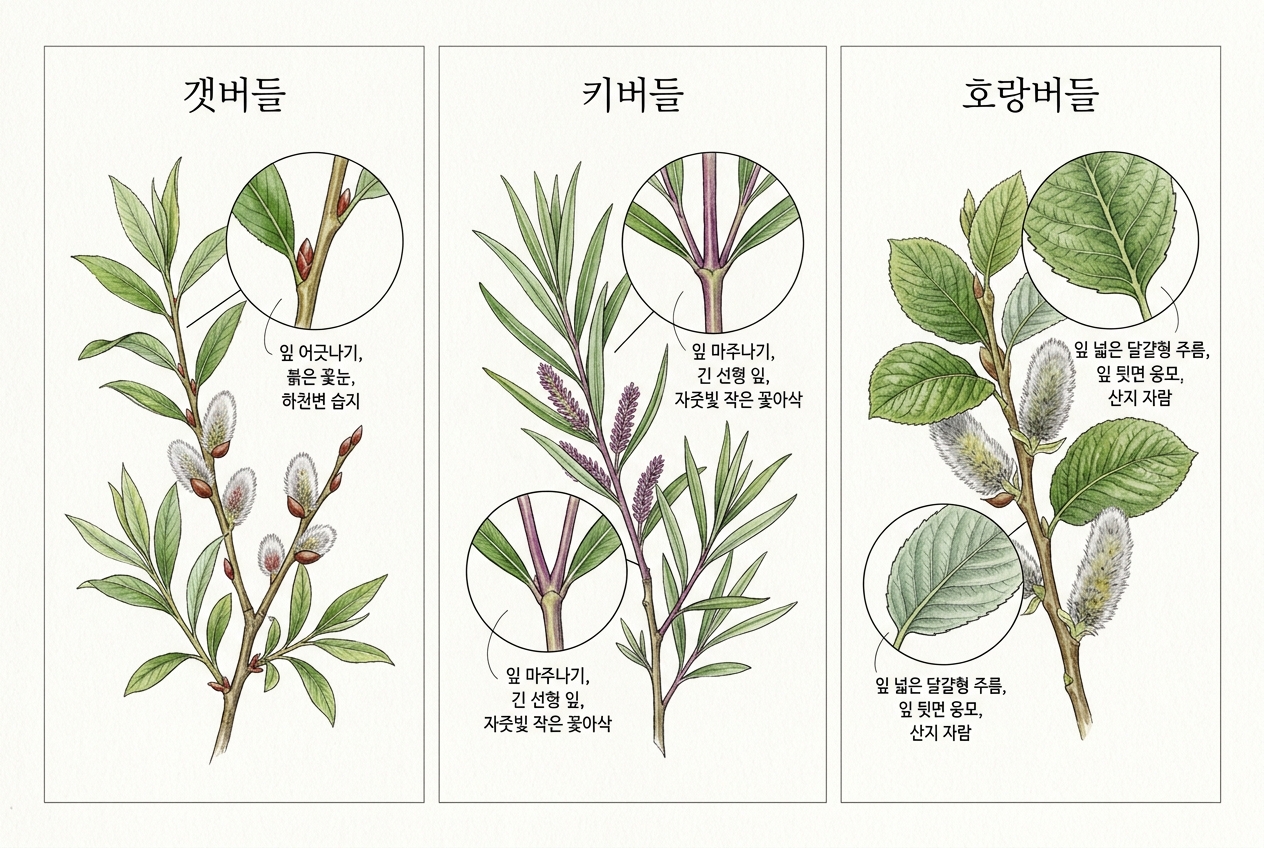 갯버들 vs 키버들 vs 호랑버들 비교 세밀화