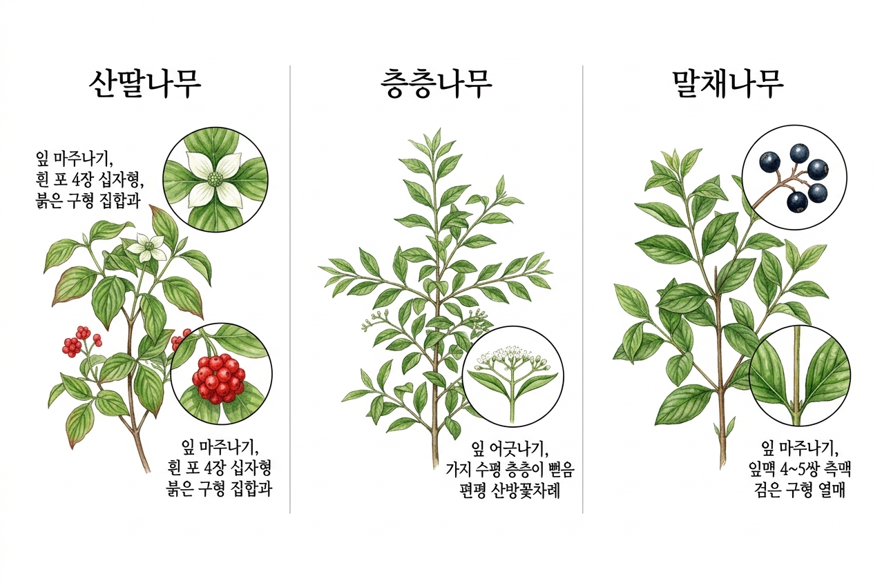 산딸나무 vs 층층나무 vs 말채나무 비교 세밀화