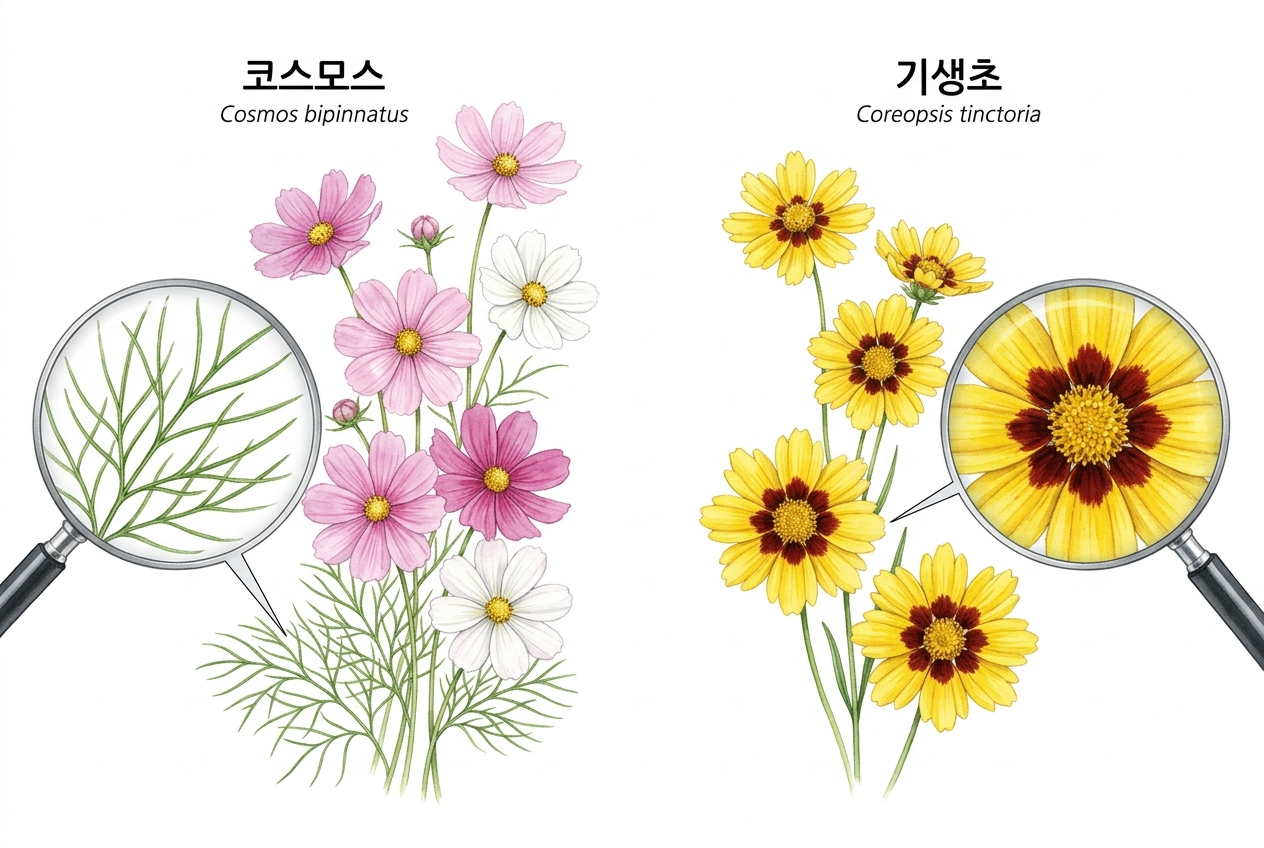 코스모스 vs 기생초 비교 세밀화
