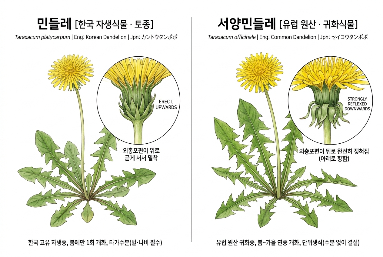 민들레 vs 서양민들레 비교 세밀화
