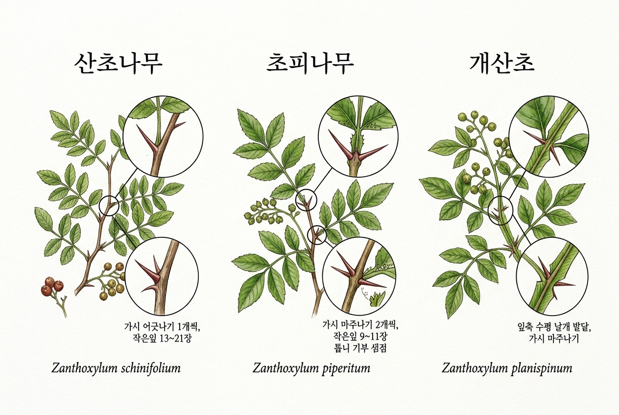산초나무 vs 초피나무 vs 개산초 비교 세밀화