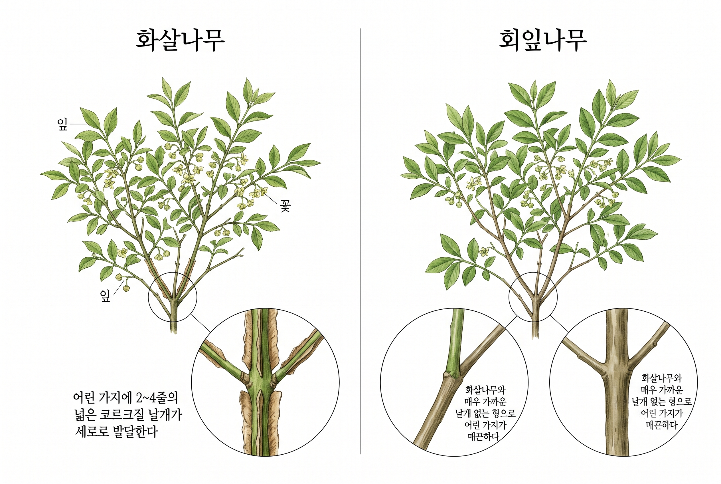 화살나무 vs 회잎나무 비교 세밀화