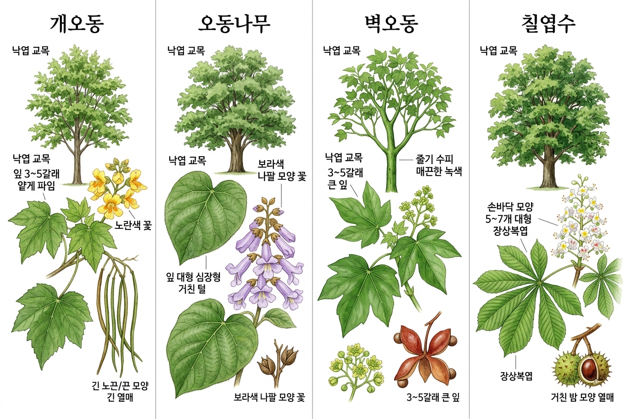 개오동 vs 오동나무 vs 벽오동 vs 칠엽수 비교 세밀화
