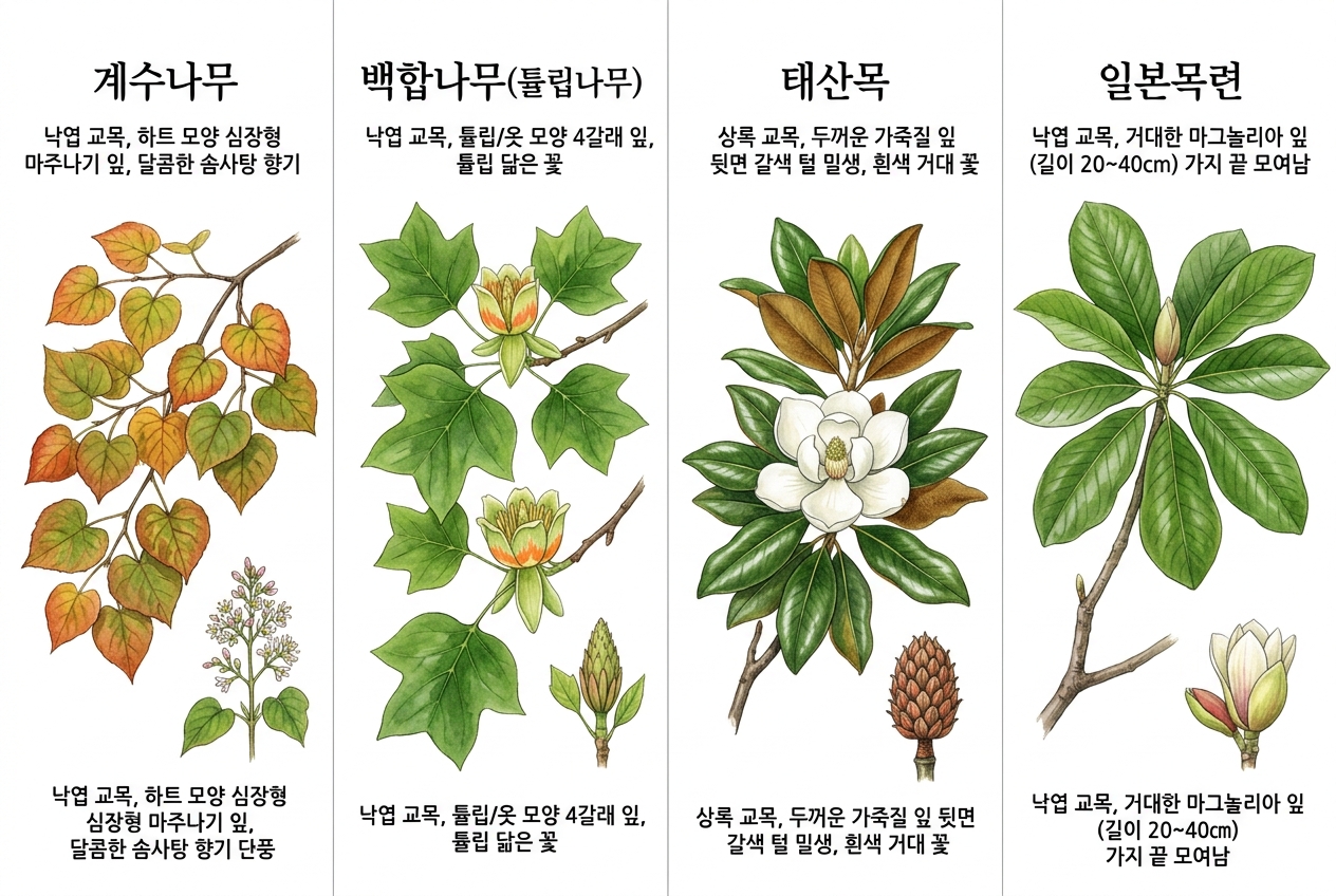 계수나무 vs 백합나무(튤립나무) vs 태산목 vs 일본목련 비교 세밀화
