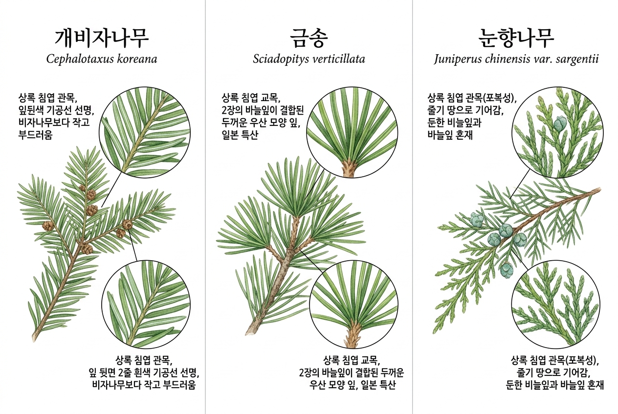 개비자나무 vs 금송 vs 눈향나무 비교 세밀화