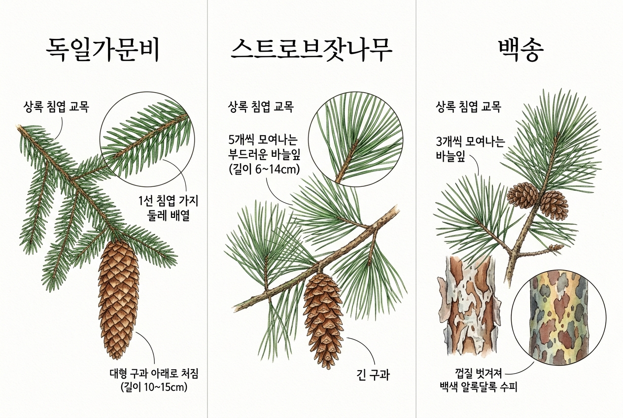 독일가문비 vs 스트로브잣나무 vs 백송 비교 세밀화