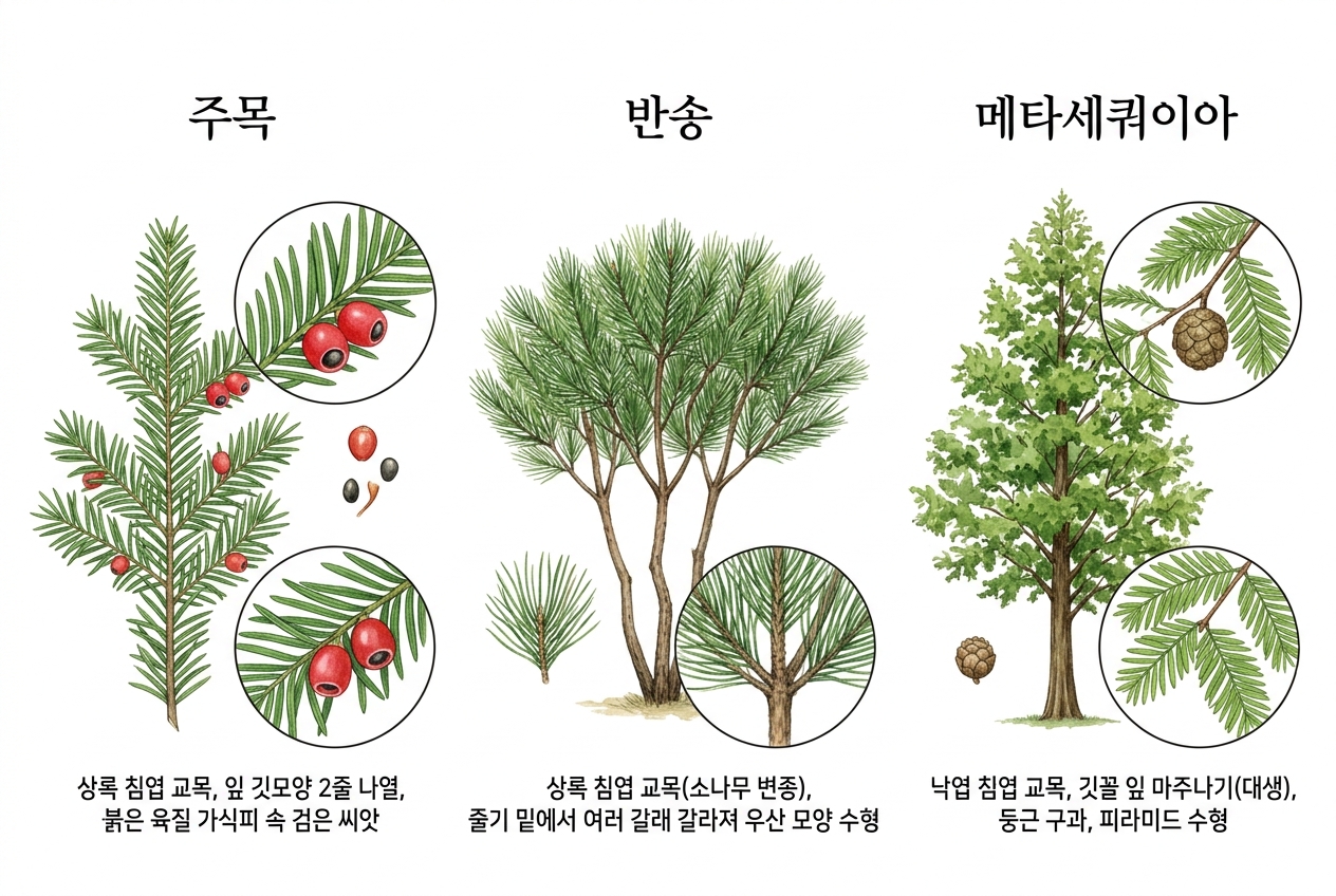 주목 vs 반송 vs 메타세쿼이아 비교 세밀화