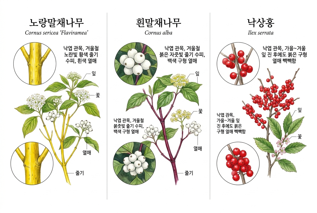 노랑말채나무 vs 흰말채나무 vs 낙상홍 비교 세밀화