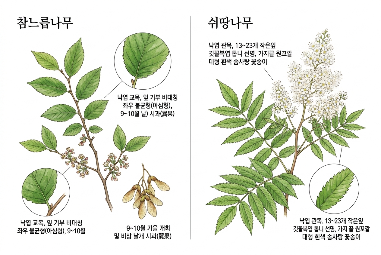 참느릅나무 vs 쉬땅나무 비교 세밀화