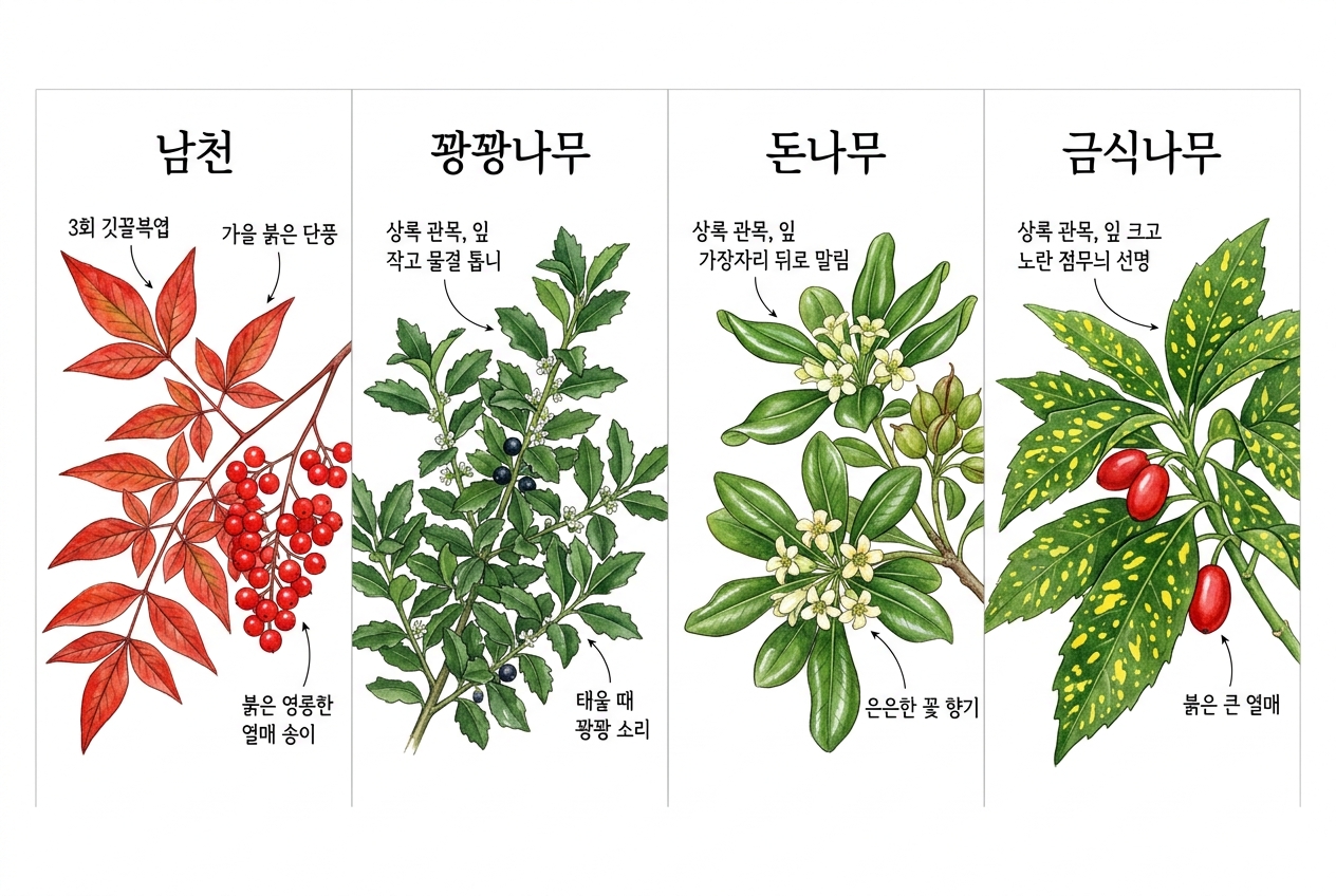 남천 vs 꽝꽝나무 vs 돈나무 vs 금식나무 비교 세밀화