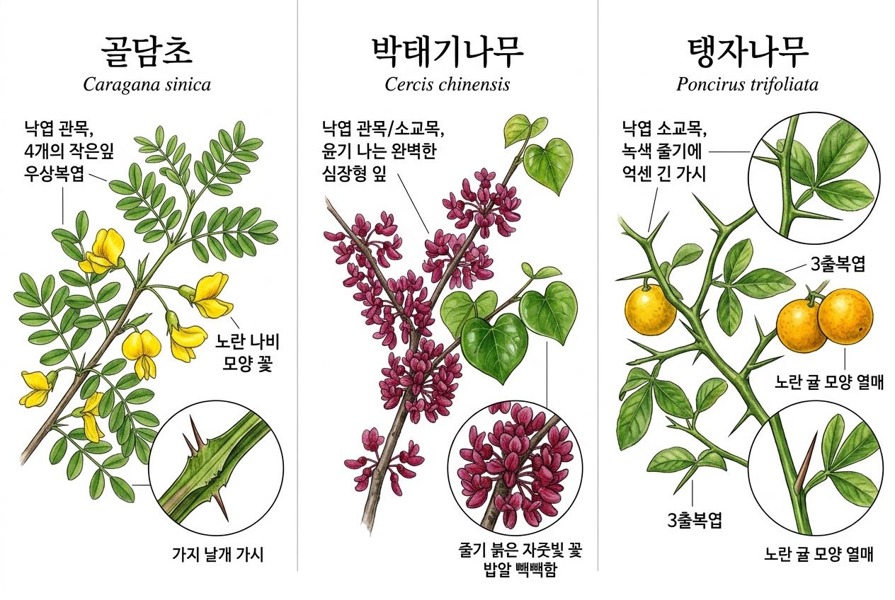 골담초 vs 박태기나무 vs 탱자나무 비교 세밀화