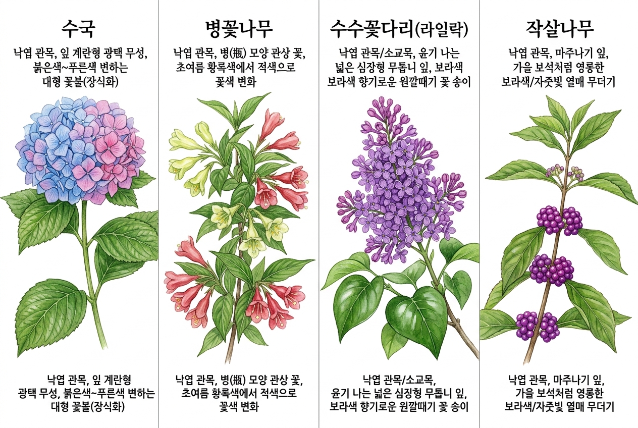 수국 vs 병꽃나무 vs 수수꽃다리(라일락) vs 작살나무 비교 세밀화
