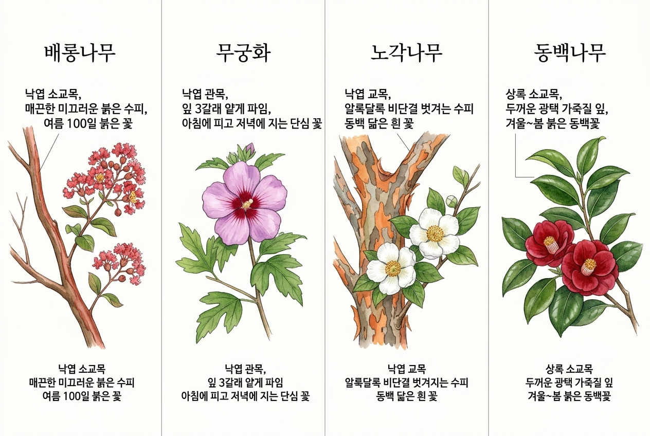 배롱나무 vs 무궁화 vs 노각나무 vs 동백나무 비교 세밀화