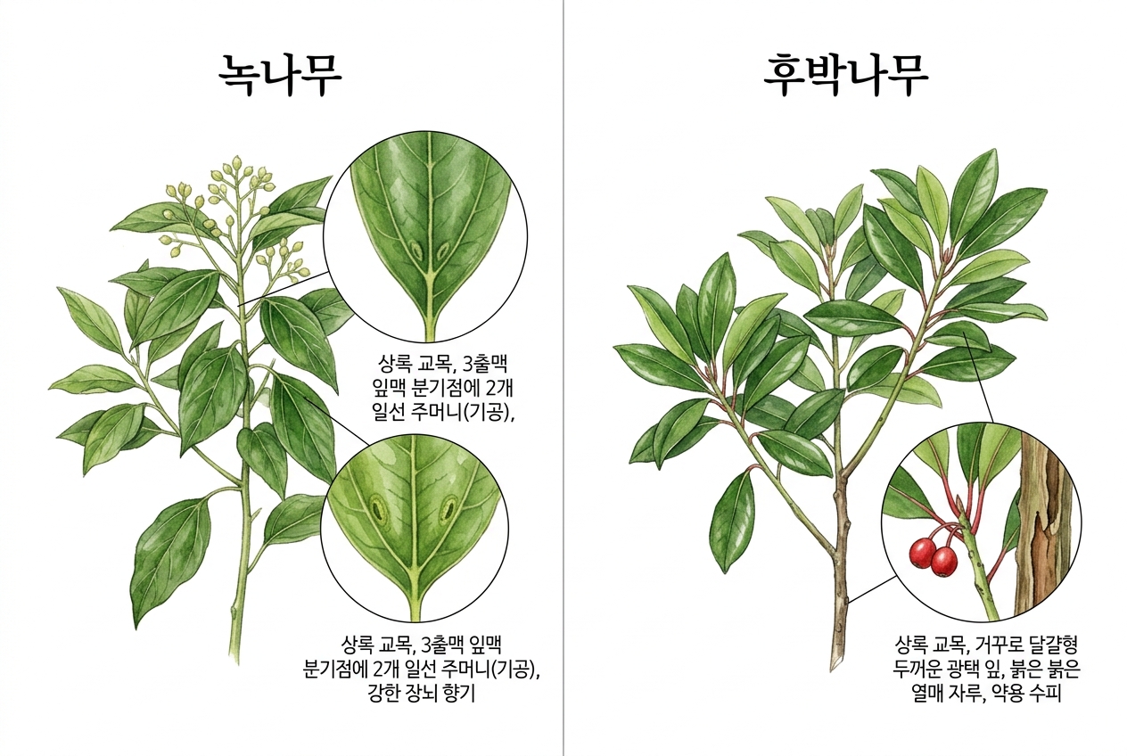 녹나무 vs 후박나무 비교 세밀화