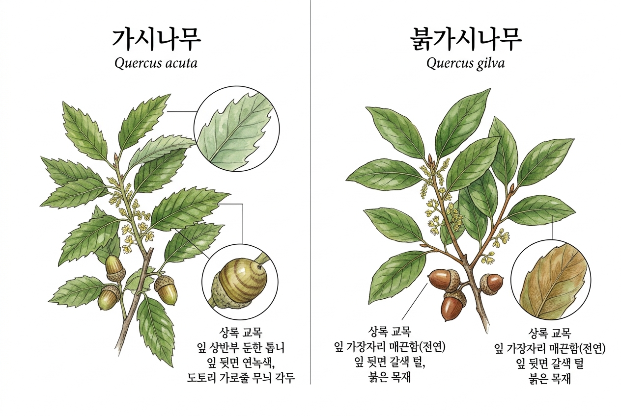 가시나무 vs 붉가시나무 비교 세밀화