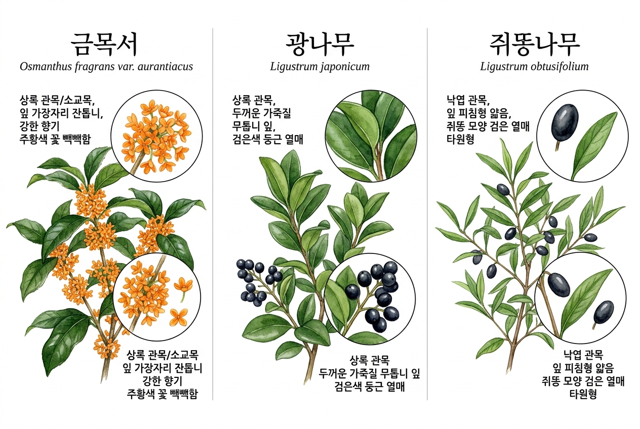 금목서 vs 광나무 vs 쥐똥나무 비교 세밀화