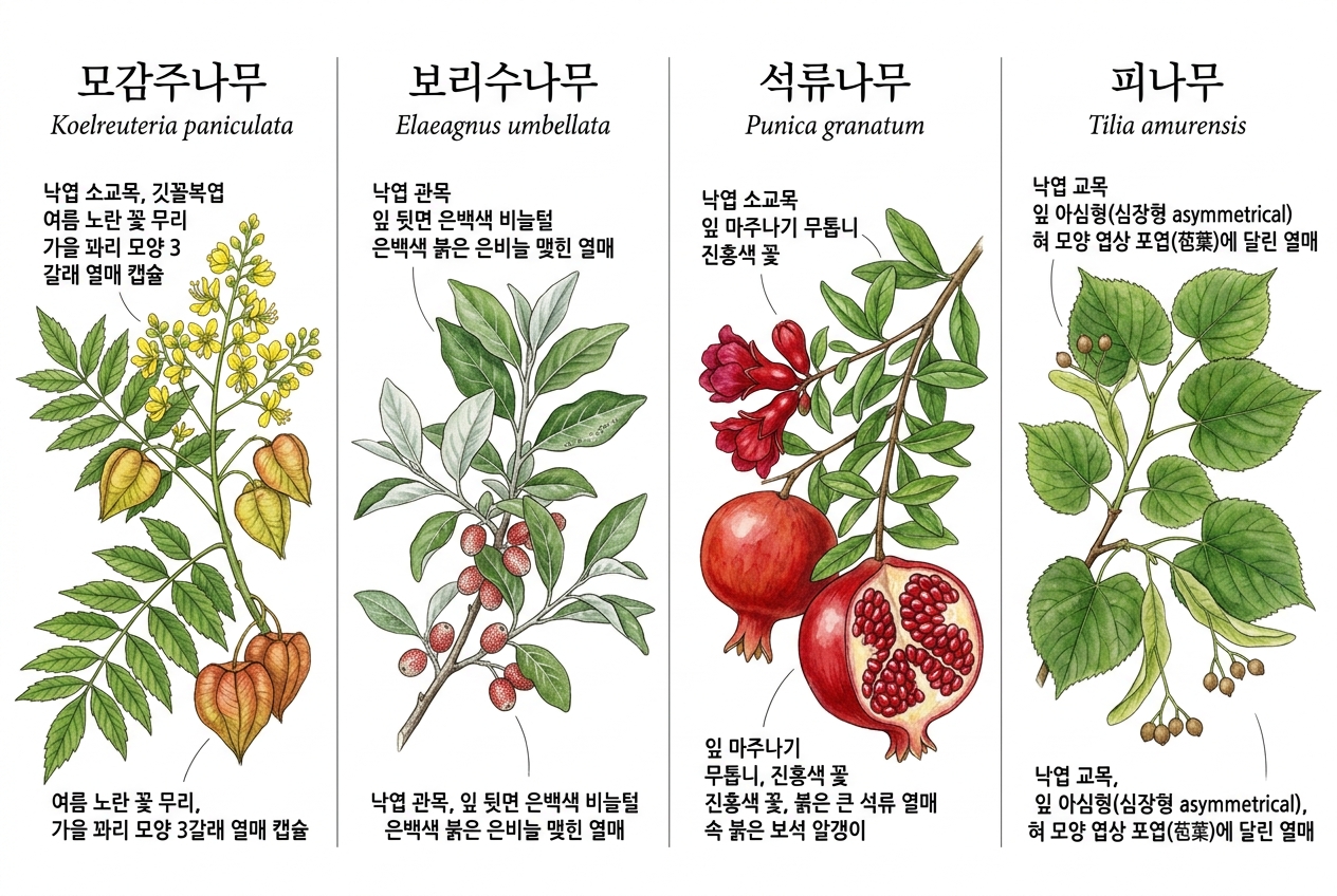 모감주나무 vs 보리수나무 vs 석류나무 vs 피나무 비교 세밀화