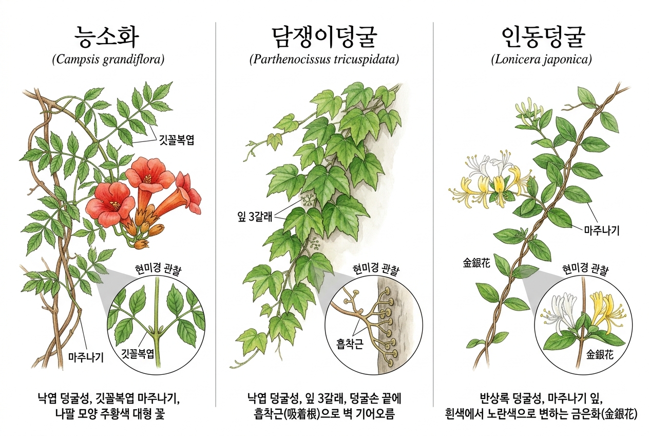 능소화 vs 담쟁이덩굴 vs 인동덩굴 비교 세밀화