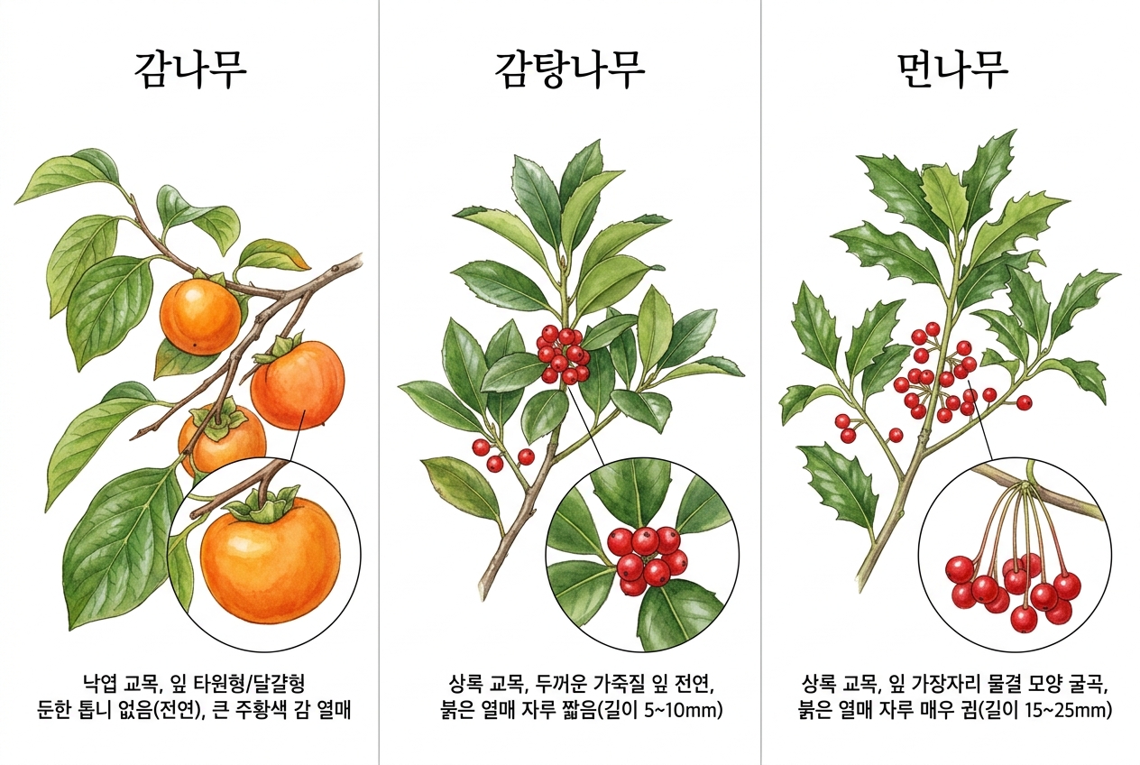 감나무 vs 감탕나무 vs 먼나무 비교 세밀화