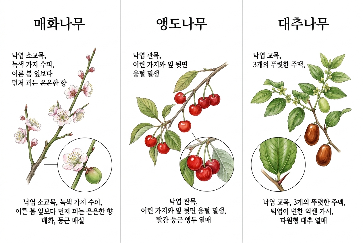 매화나무 vs 앵도나무 vs 대추나무 비교 세밀화