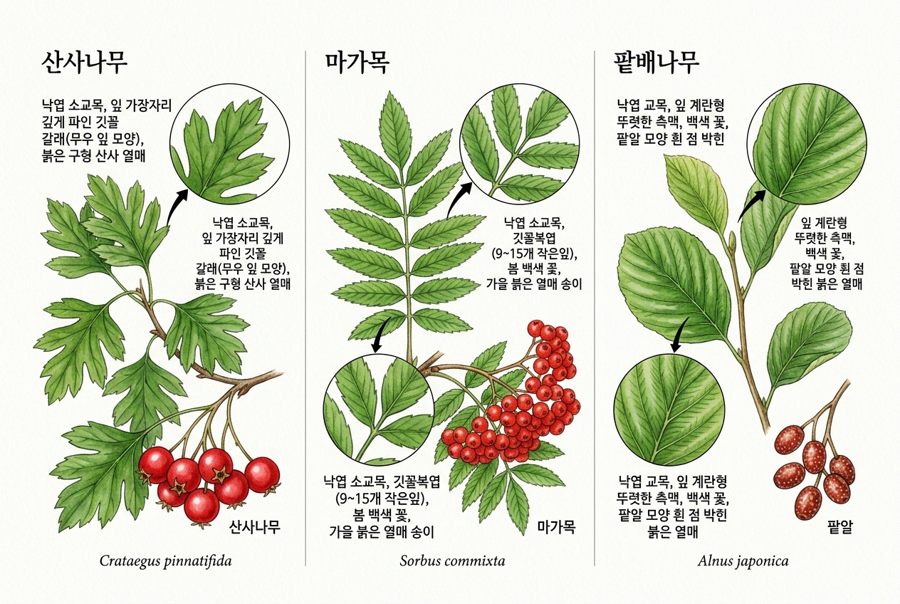 산사나무 vs 마가목 vs 팥배나무 비교 세밀화