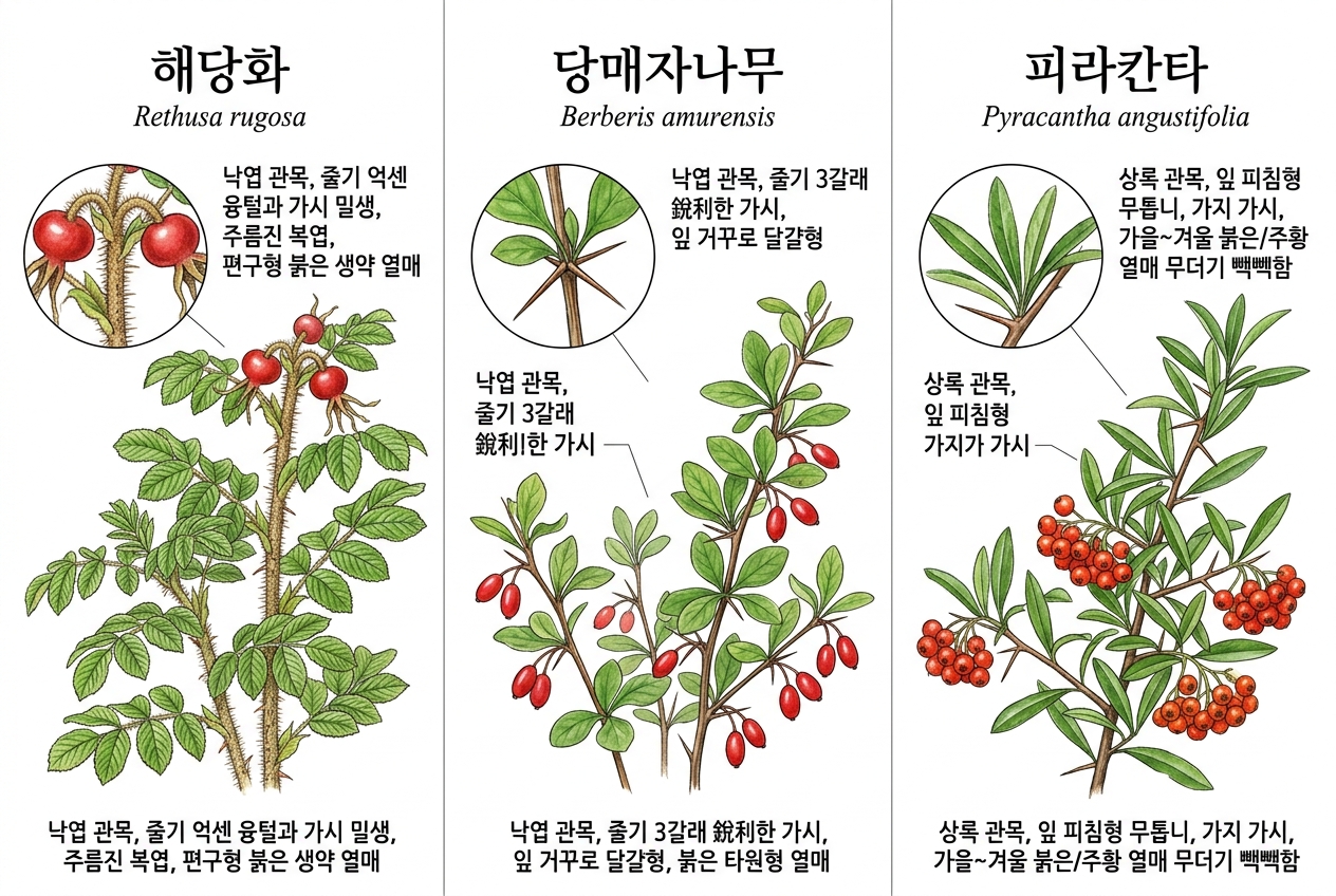 해당화 vs 당매자나무 vs 피라칸타 비교 세밀화