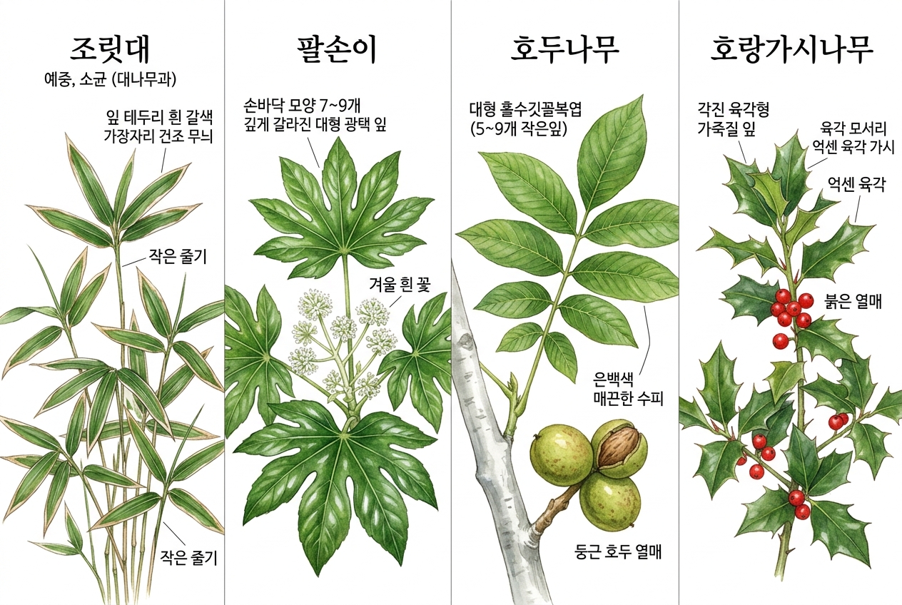 조릿대 vs 팔손이 vs 호두나무 vs 호랑가시나무 비교 세밀화