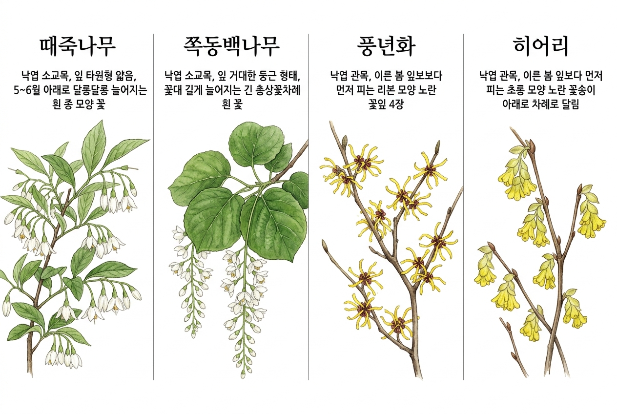때죽나무 vs 쪽동백나무 vs 풍년화 vs 히어리 비교 세밀화
