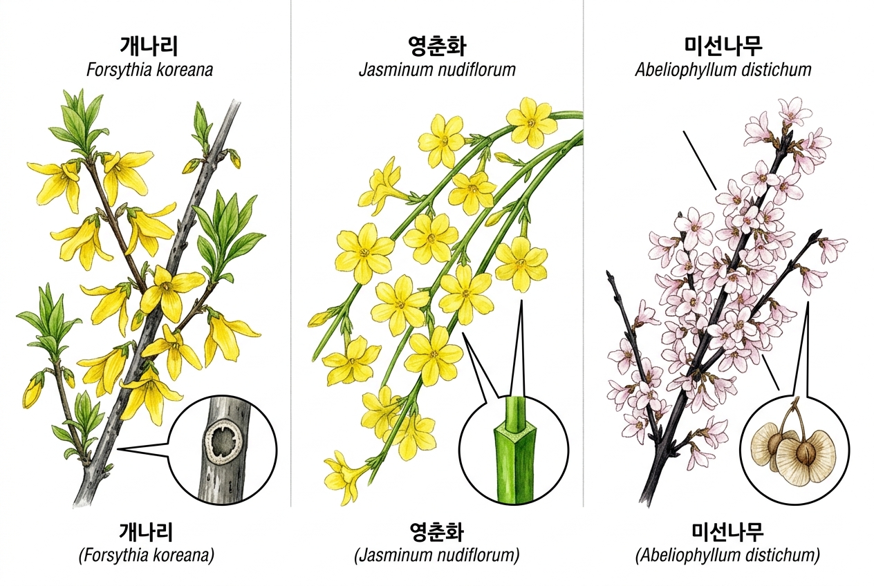 개나리 vs 영춘화 vs 미선나무 비교 세밀화
